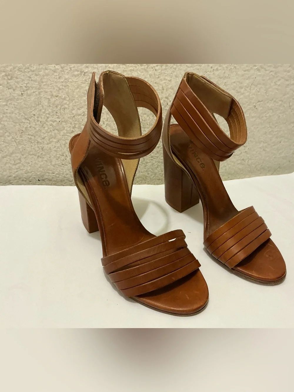 Vince Cognac Brown Strappy Block Heel Sandals 37.5